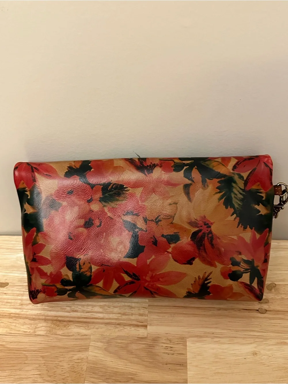 Patricia Nash Floral Leather Wristlet in Red, Tan & Green